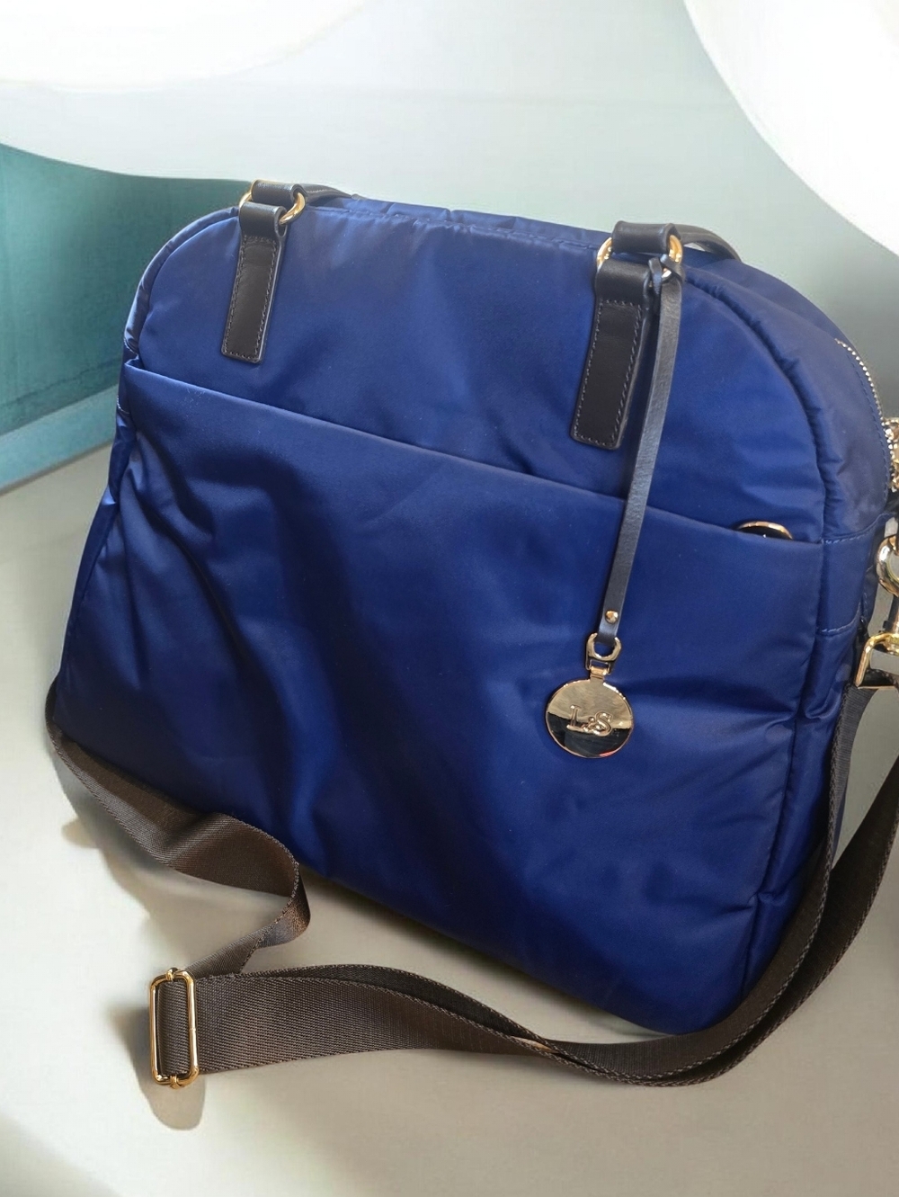 Lo & Sons Royal Blue Nylon Laptop Bag with Brown Trim
